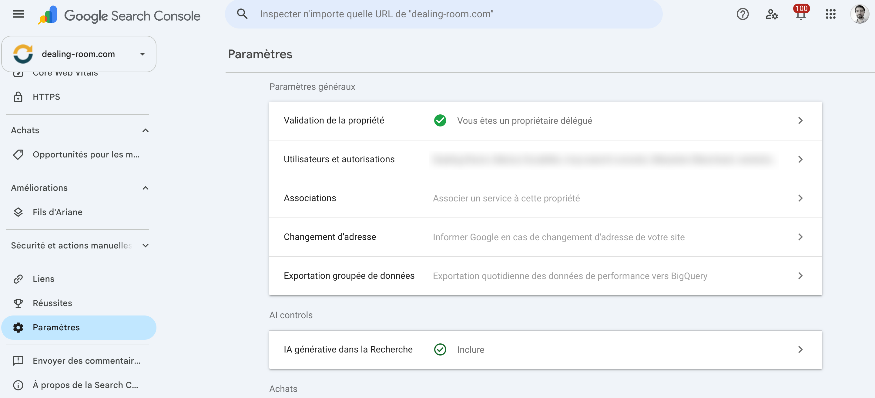 Page Paramètres de Google Search Console, avec l'entrée Utilisateurs et autorisations