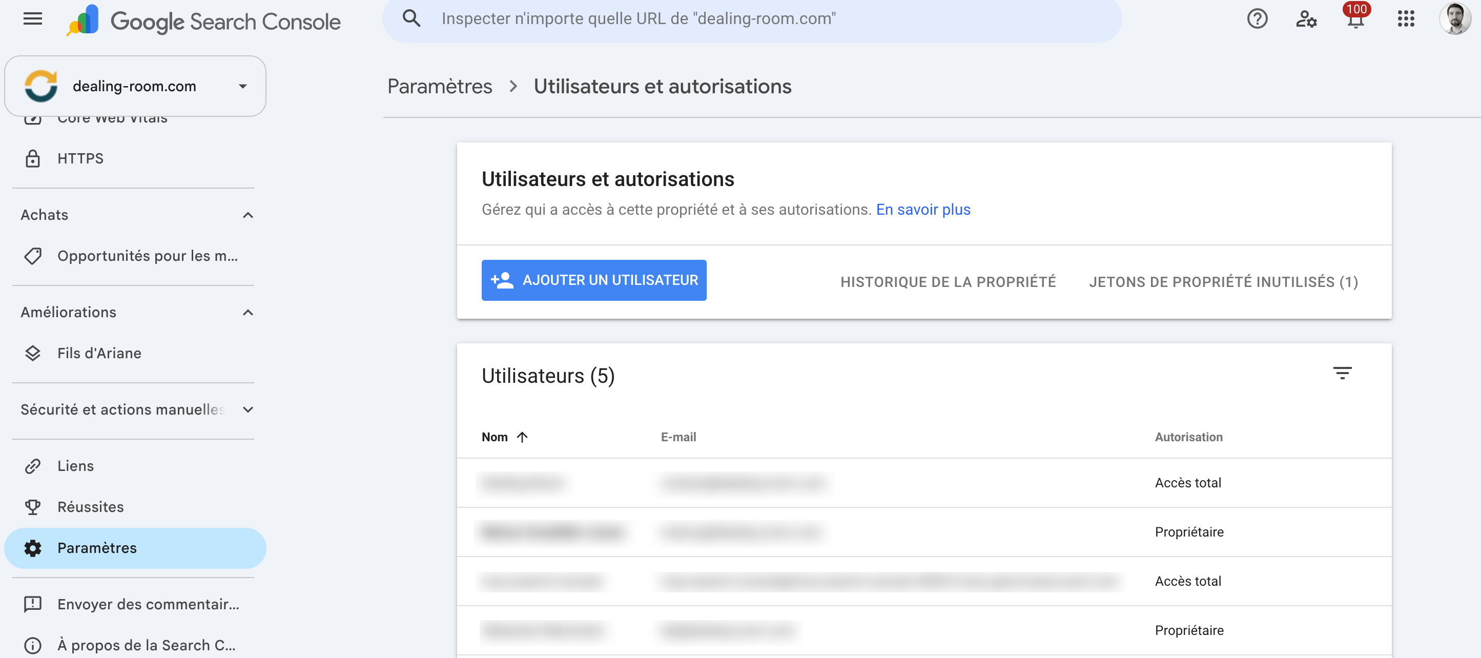 Bouton Ajouter un utilisateur dans Google Search Console