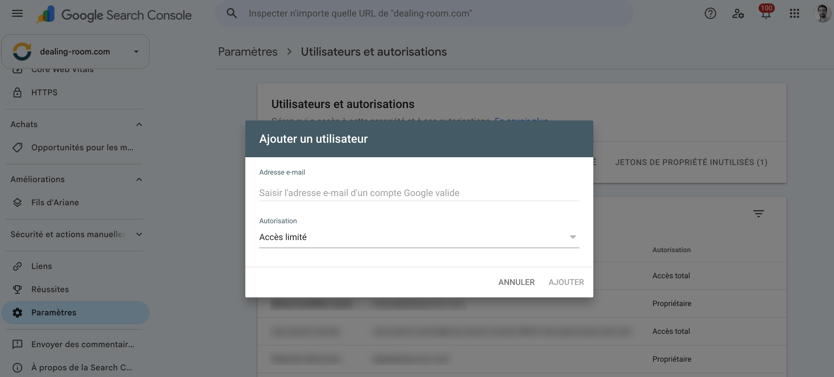 Fenêtre Ajouter un utilisateur : champ adresse e-mail et menu Autorisation réglé sur Accès limité