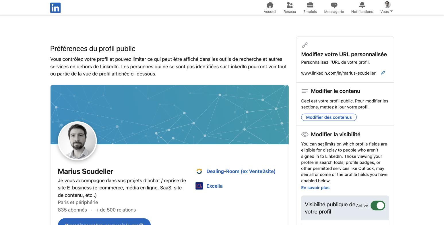 Interrupteur Visibilité publique de votre profil sur Activé