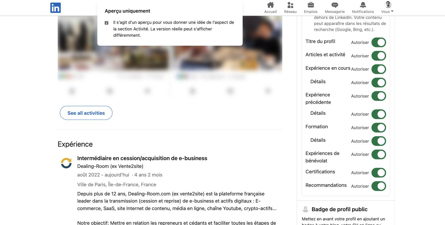 Réglages de visibilité champ par champ du profil LinkedIn